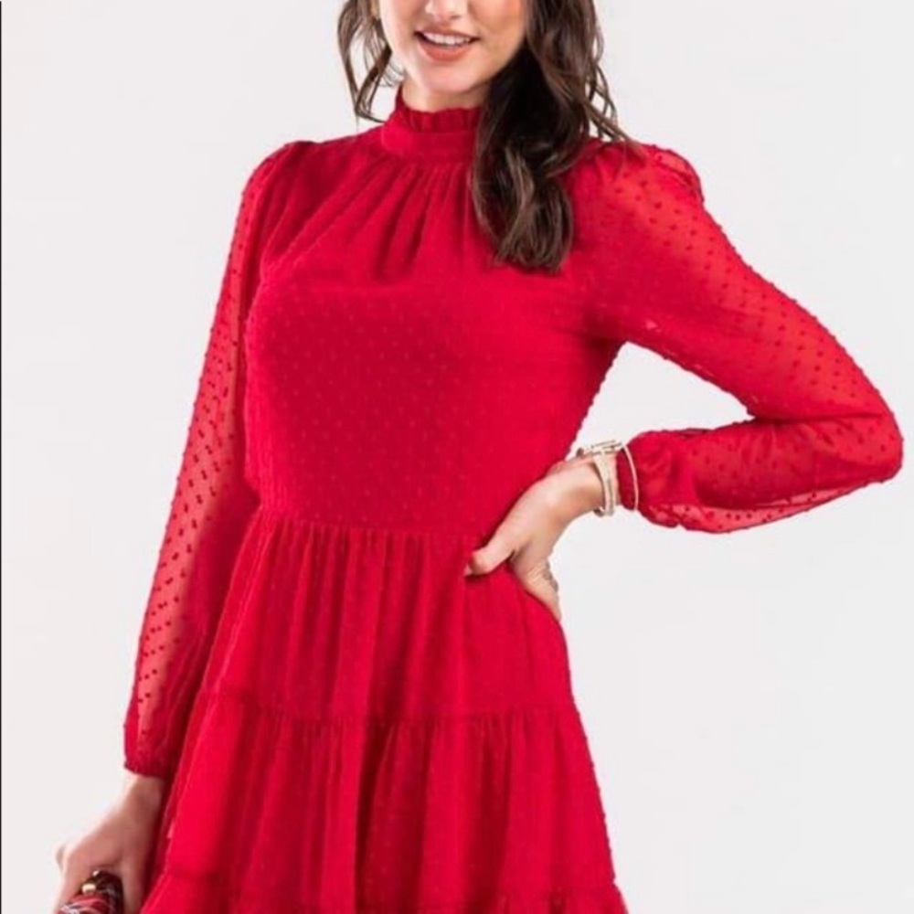 Mi Ami Red Swiss Dot Tier RuffleLong Sleeve Dress Mi Ami - Picture 4 of 4